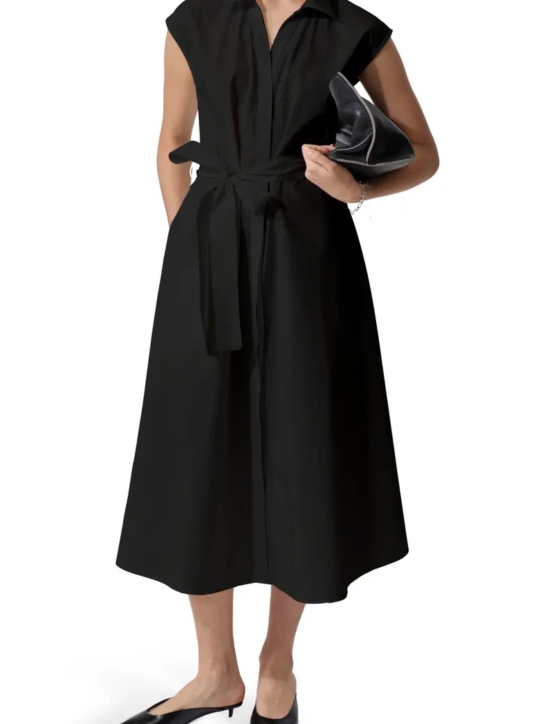 Deluc Imola Black Midi Shirt Dress Sleeveless Belted Collared Minimalist Chic